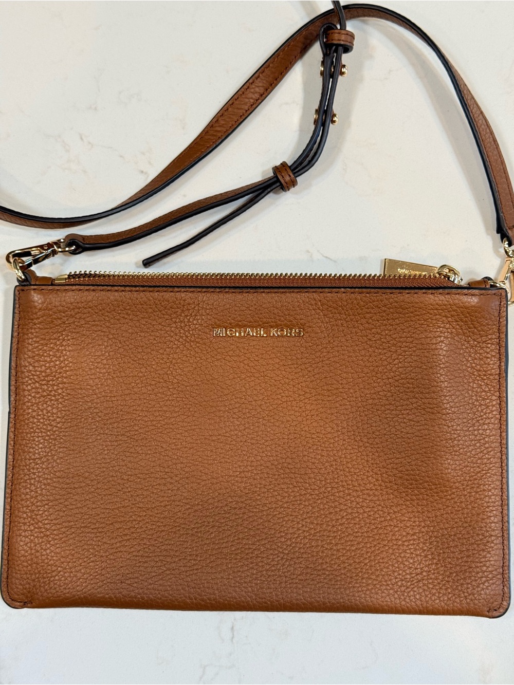 Michael Kors Brown Pebbled Leather Double Zip Crossbody Bag